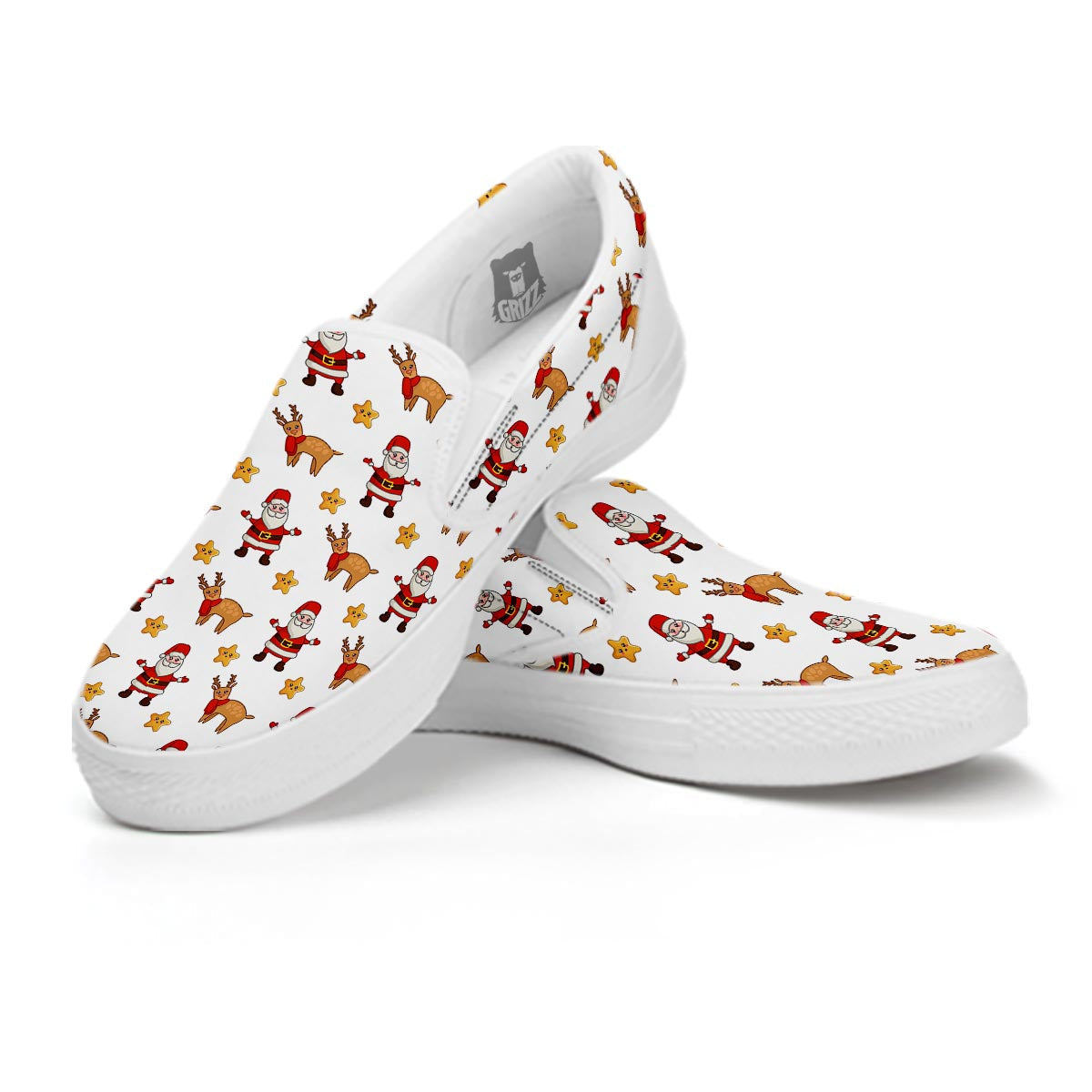 Emoji Reindeer And Santa Claus Print Pattern White Slip On Shoes-grizzshop