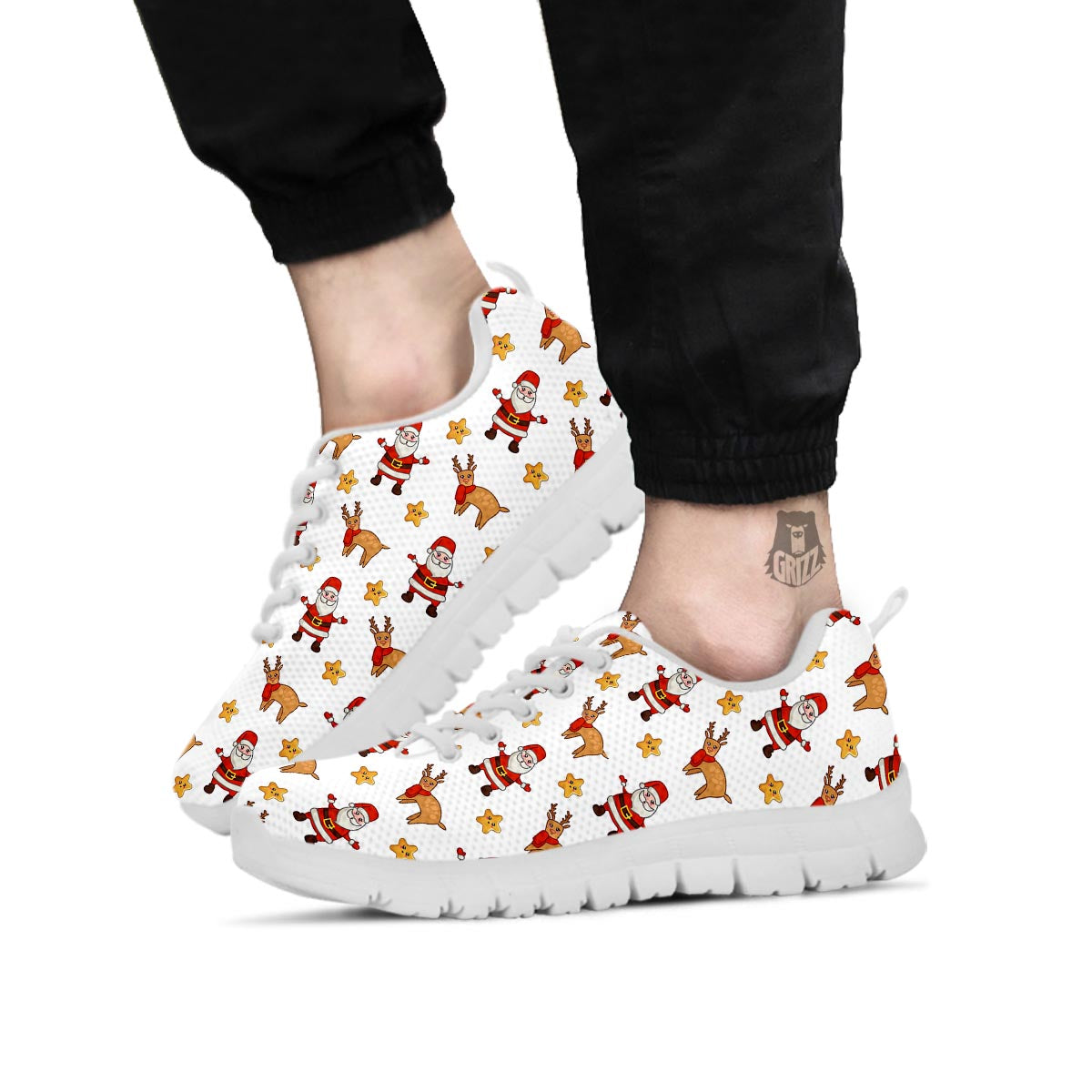 Emoji Reindeer And Santa Claus Print Pattern White Sneaker-grizzshop