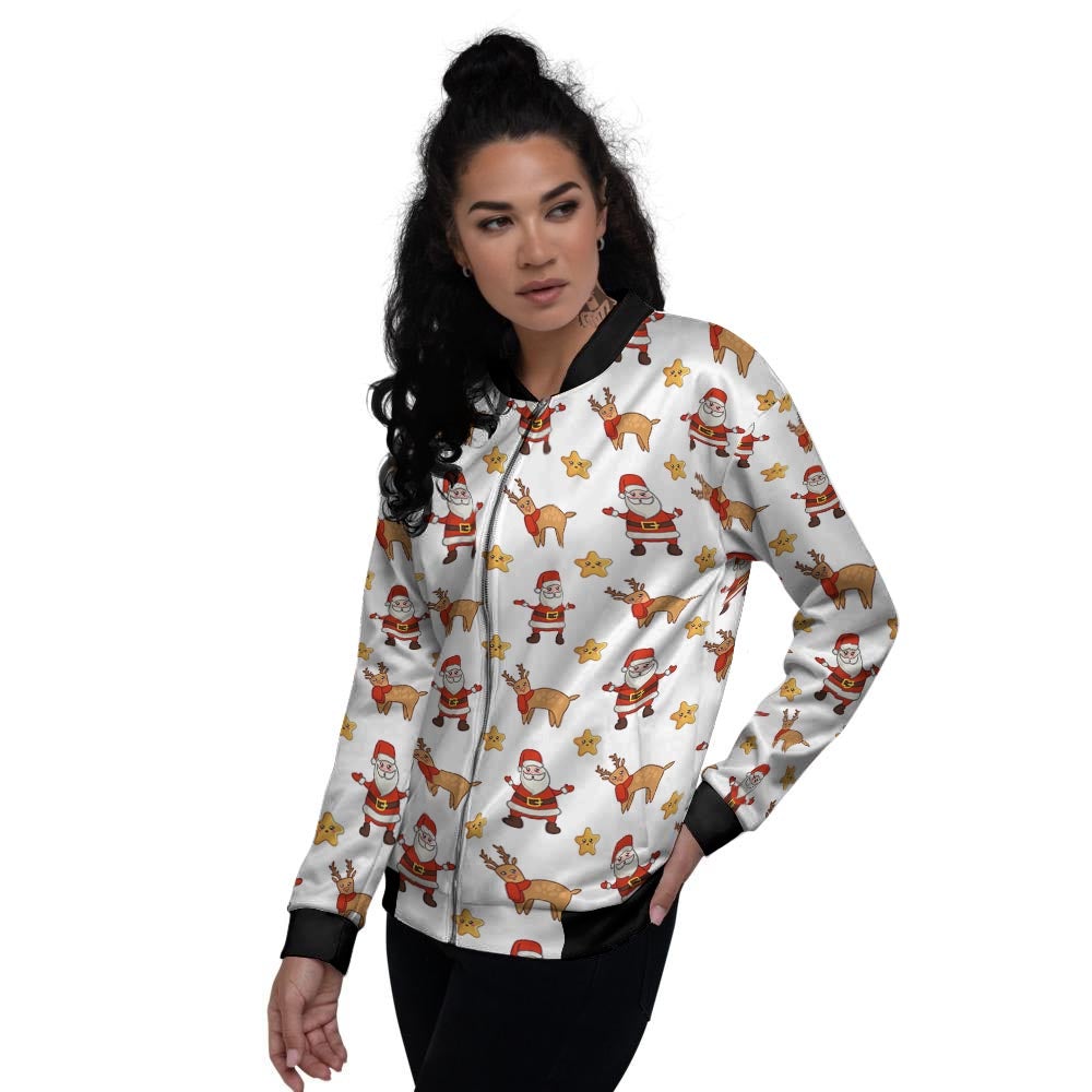 Emoji Reindeer And Santa Claus Print Pattern Women's Bomber Jacket-grizzshop