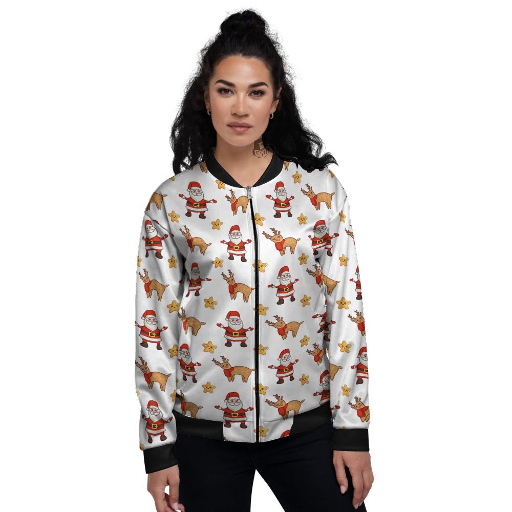 Emoji Reindeer And Santa Claus Print Pattern Women's Bomber Jacket-grizzshop