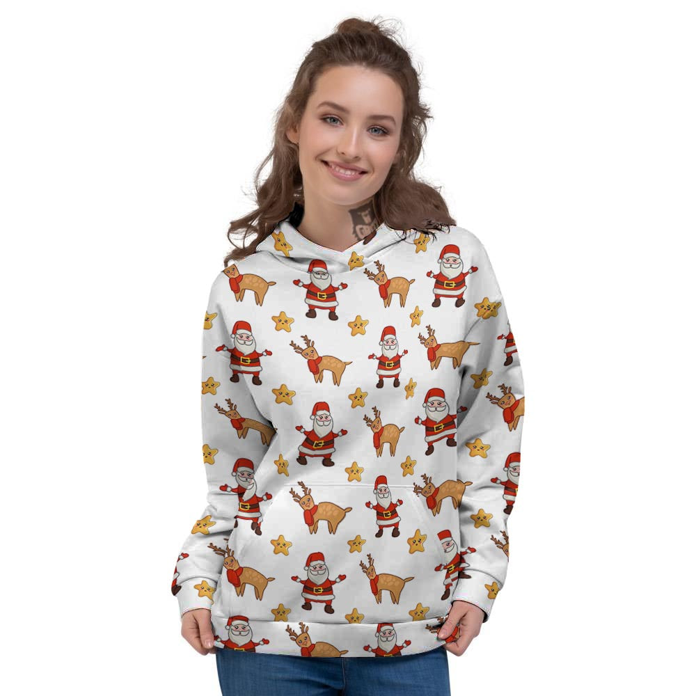 Emoji Reindeer And Santa Claus Print Pattern Women's Hoodie-grizzshop