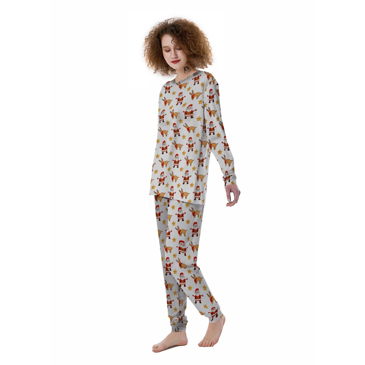 Emoji Reindeer And Santa Claus Print Pattern Women's Pajamas-grizzshop