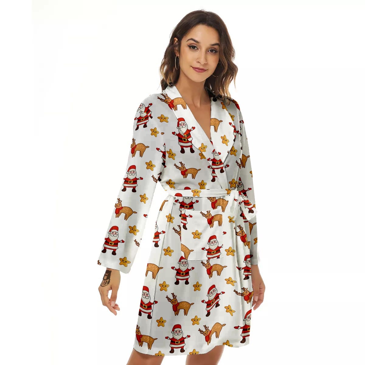 Emoji Reindeer And Santa Claus Print Pattern Women's Robe-grizzshop
