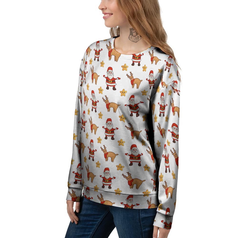Emoji Reindeer And Santa Claus Print Pattern Women's Sweatshirt-grizzshop