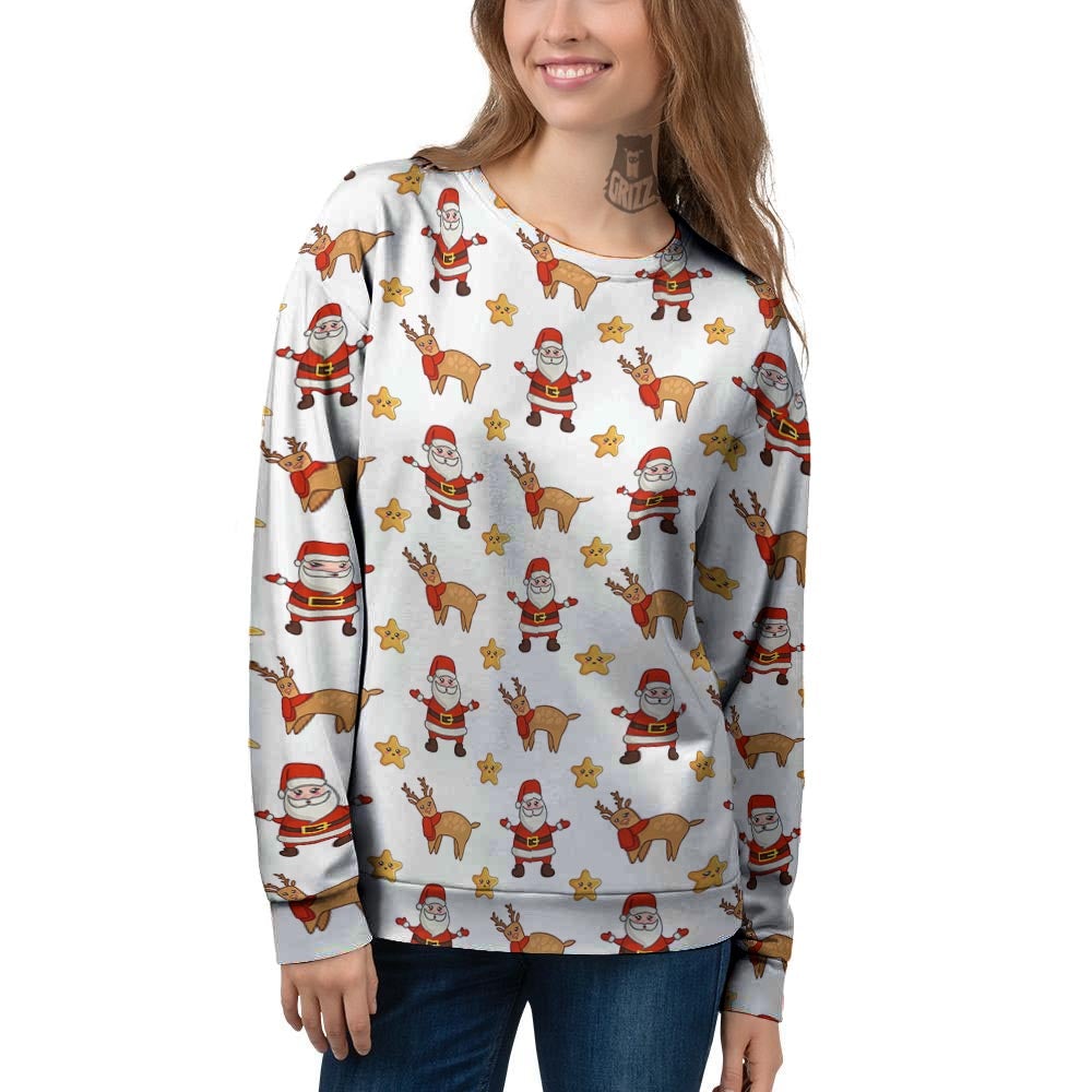 Emoji Reindeer And Santa Claus Print Pattern Women's Sweatshirt-grizzshop