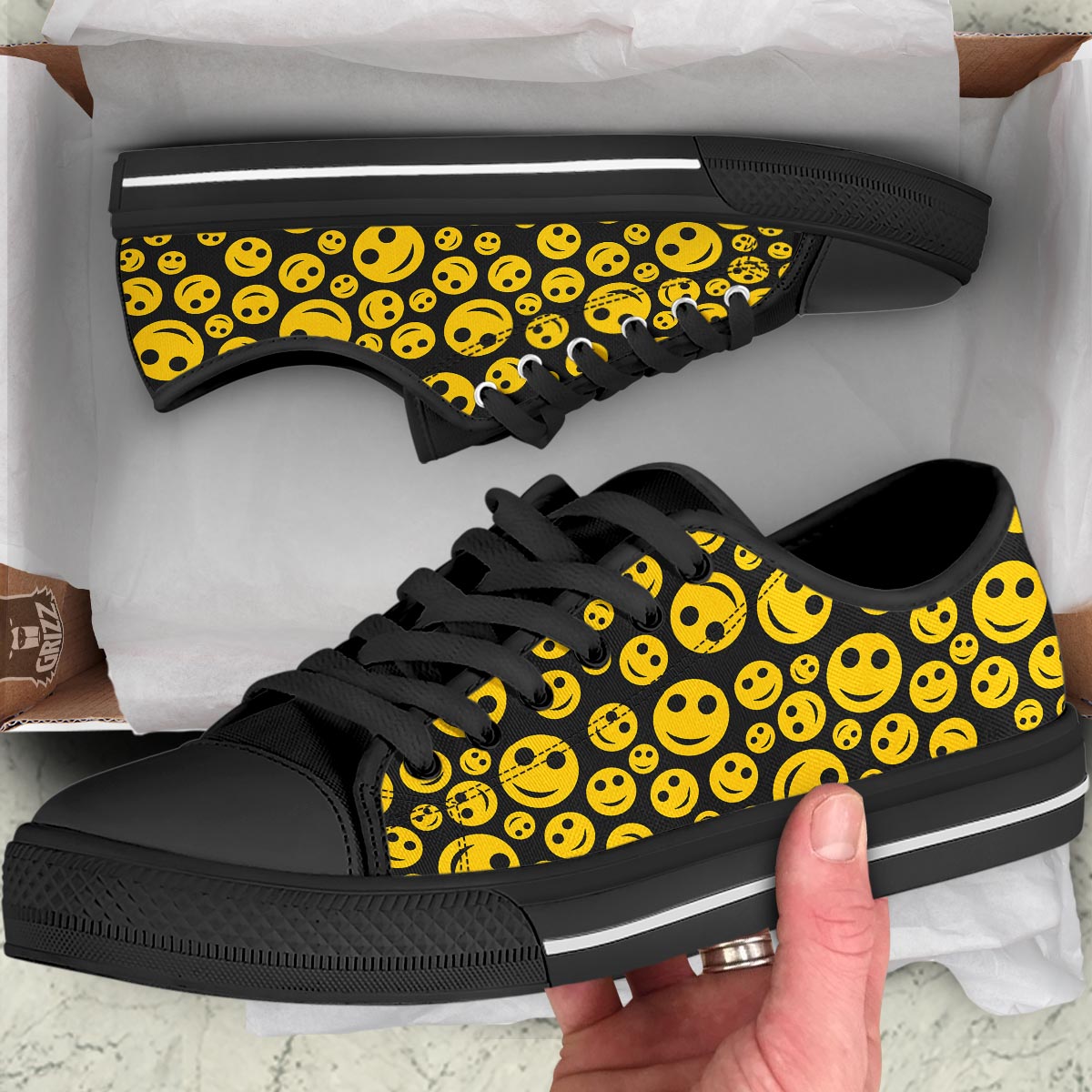 Emoji Smiley Faces Print Pattern Black Low Top Shoes-grizzshop