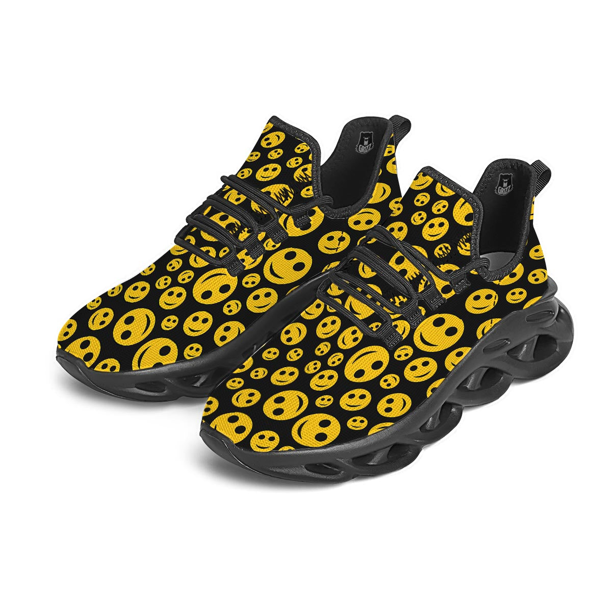 Emoji Smiley Faces Print Pattern Black Running Shoes-grizzshop