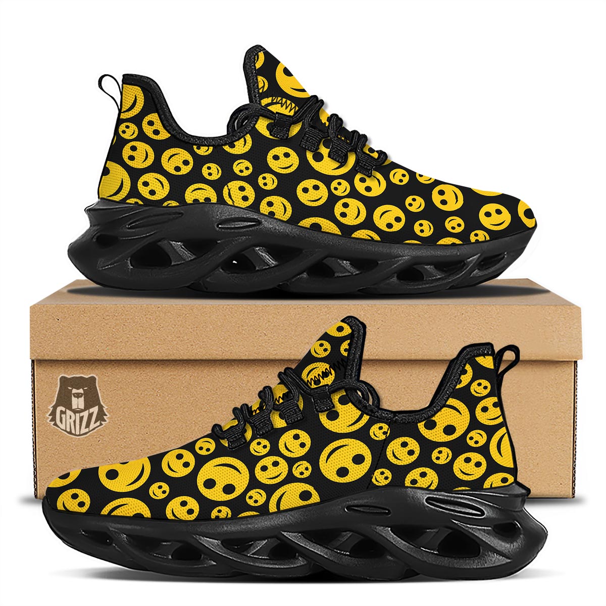 Emoji Smiley Faces Print Pattern Black Running Shoes-grizzshop