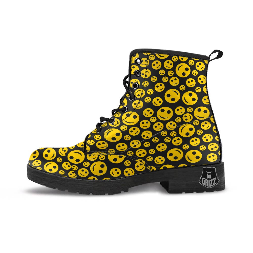 Emoji Smiley Faces Print Pattern Leather Boots-grizzshop
