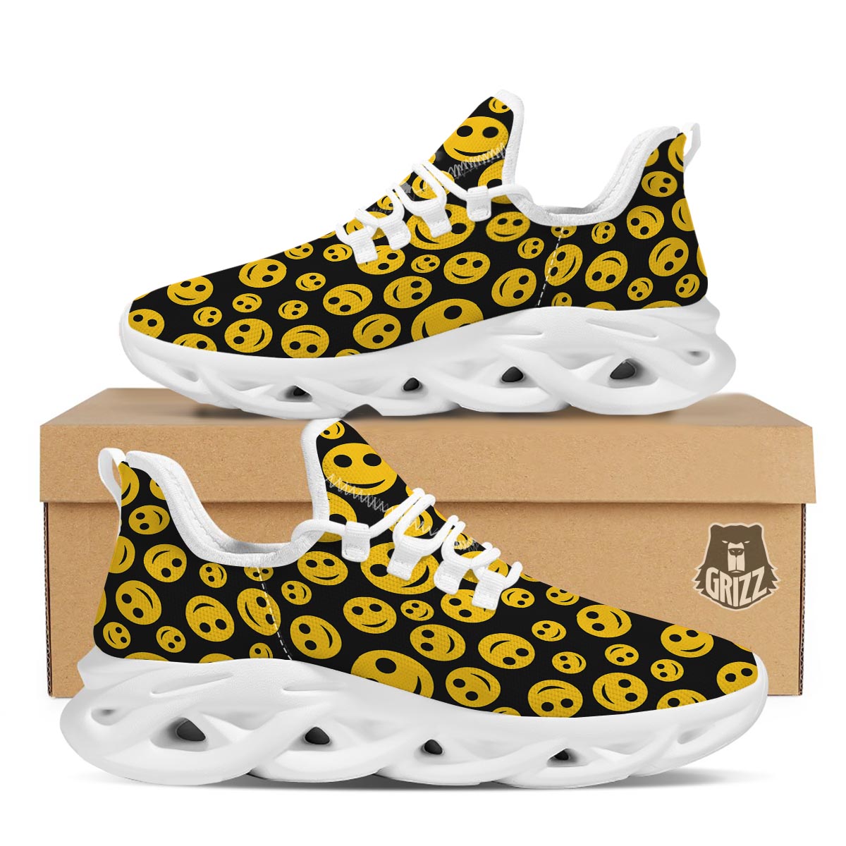 Emoji Smiley Faces Print Pattern White Running Shoes-grizzshop