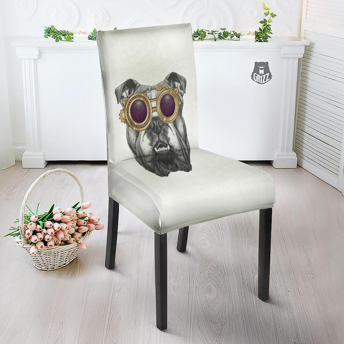 English Bulldog Wearing Glasses Print Dining Chair Slipcover-grizzshop