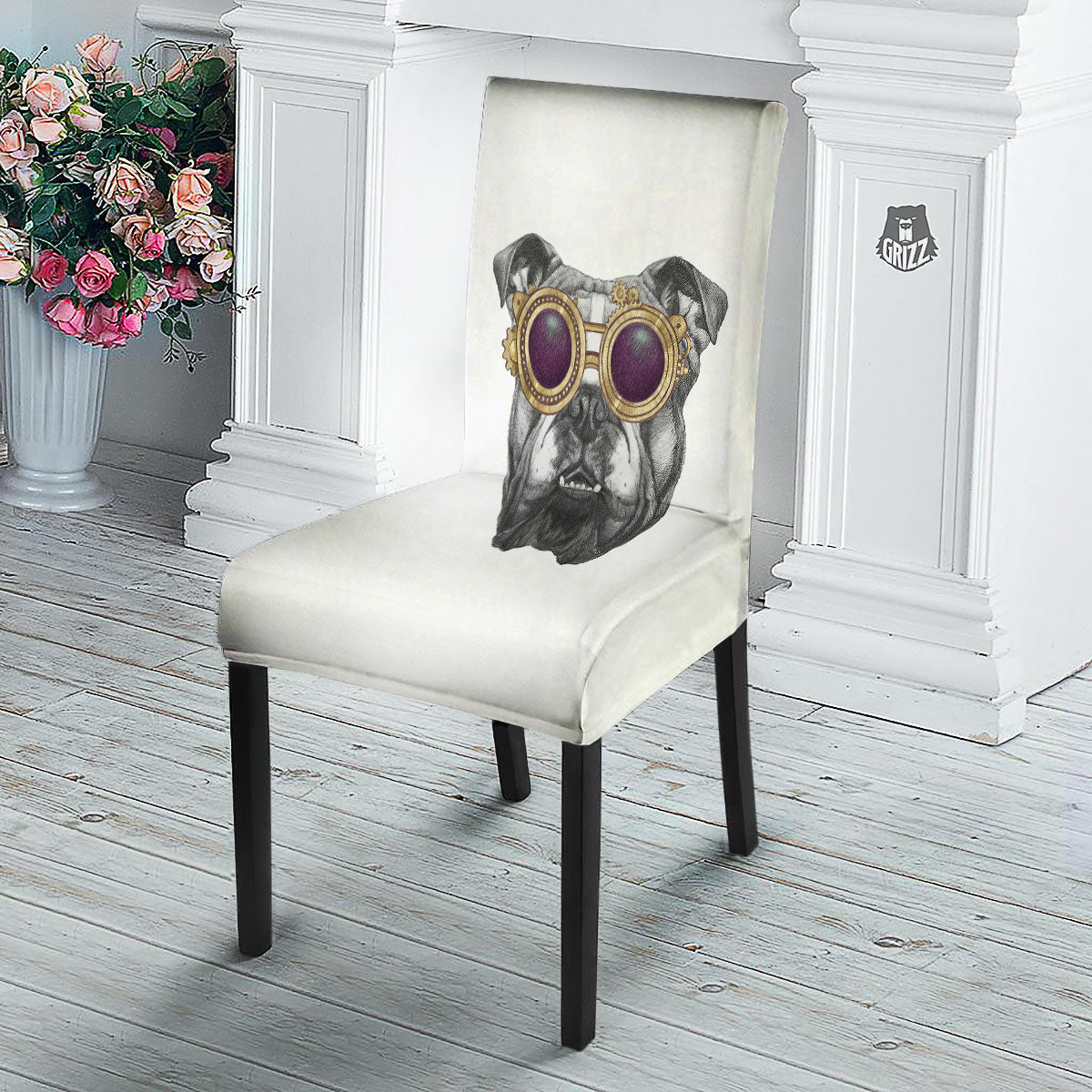 English Bulldog Wearing Glasses Print Dining Chair Slipcover-grizzshop