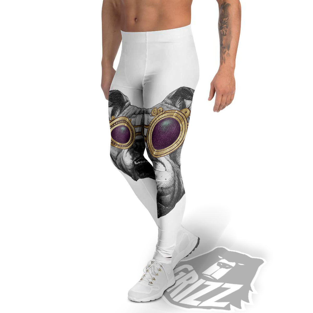 English Bulldog Wearing Glasses Print Men's Leggings-grizzshop