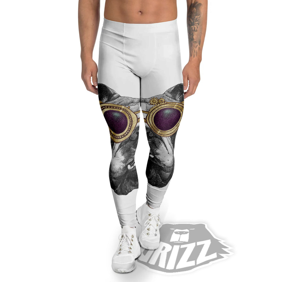 English Bulldog Wearing Glasses Print Men's Leggings-grizzshop