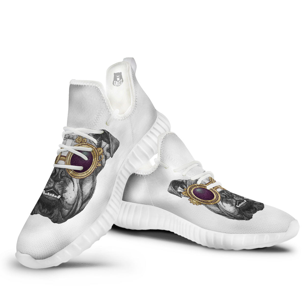 English Bulldog Wearing Glasses Print White Walking Shoes-grizzshop