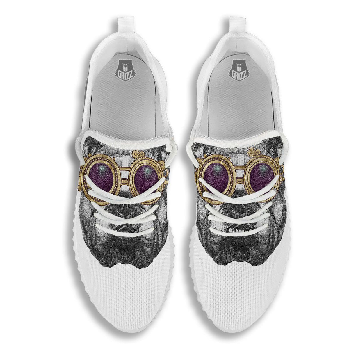 English Bulldog Wearing Glasses Print White Walking Shoes-grizzshop