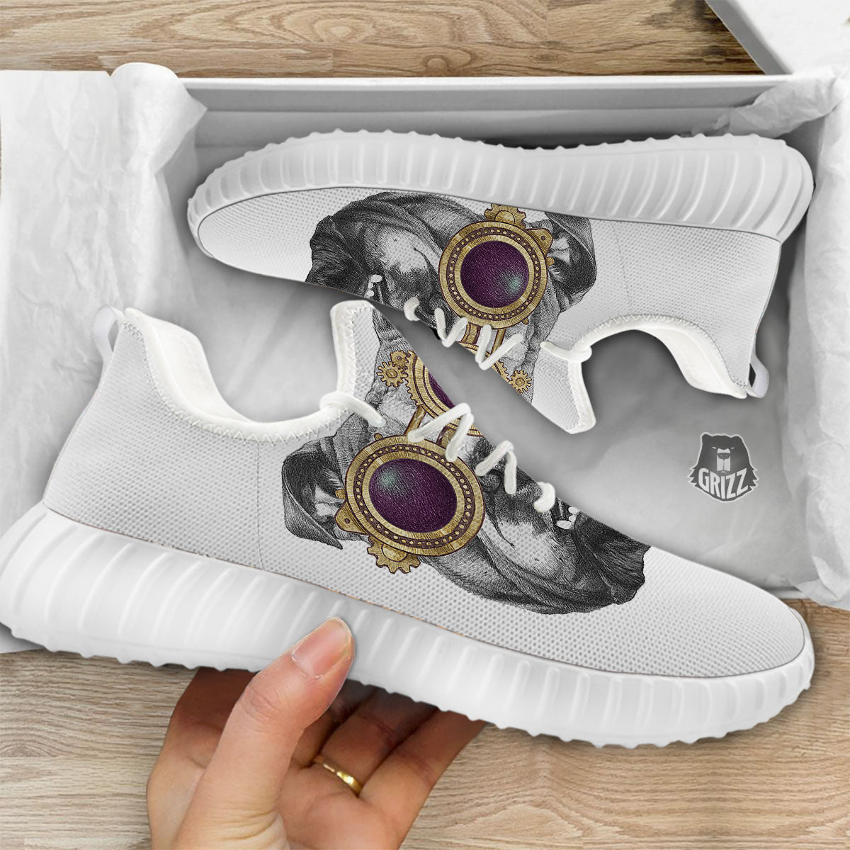 English Bulldog Wearing Glasses Print White Walking Shoes-grizzshop