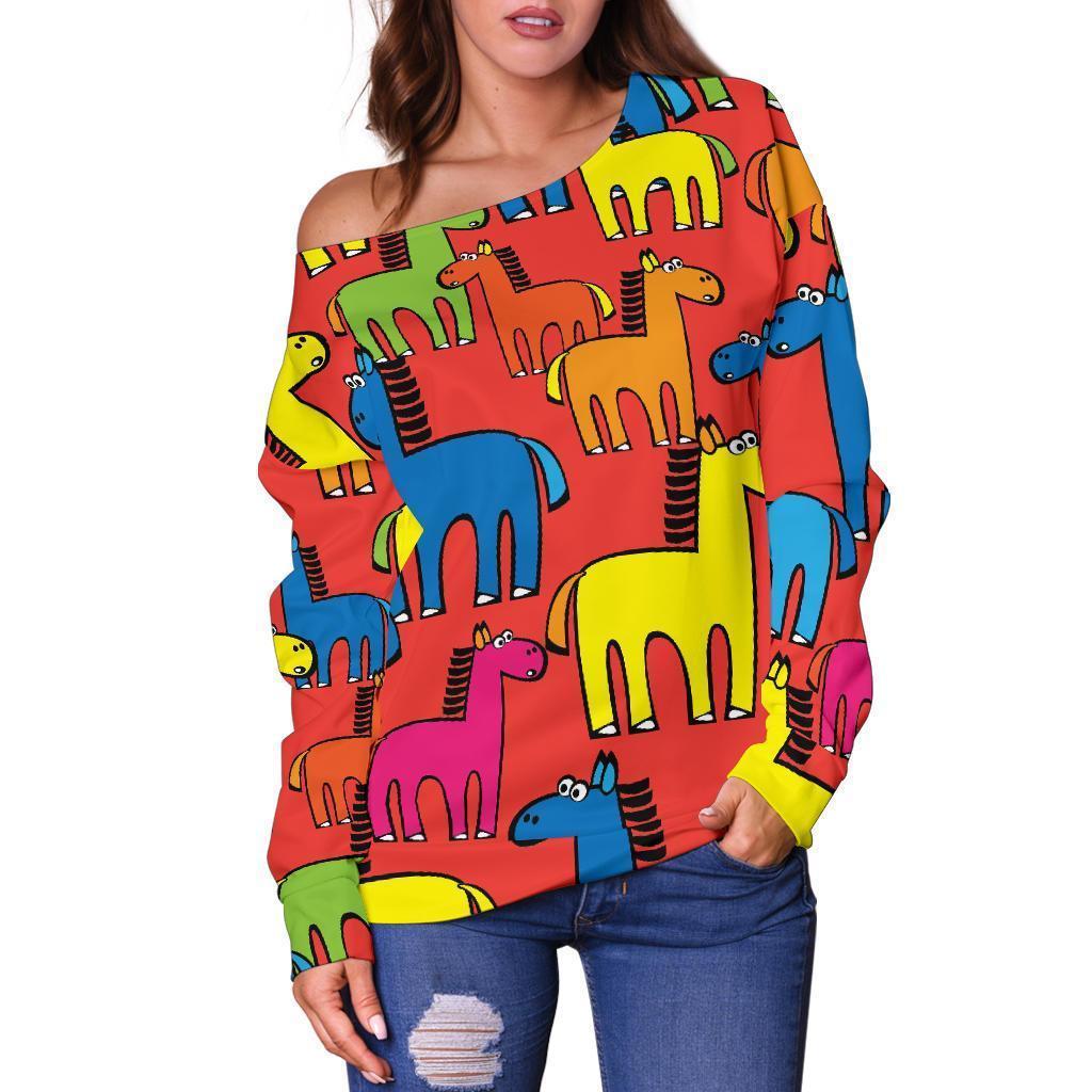 Equestrian Colorful Pattern Print Women Off Shoulder Sweatshirt-grizzshop