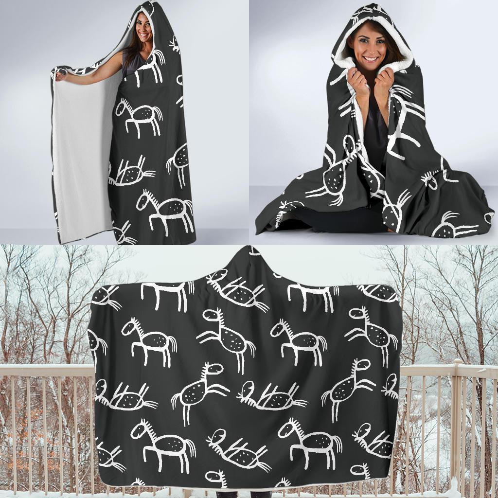 Equestrian Drawn Pattern Print Hooded Blanket-grizzshop