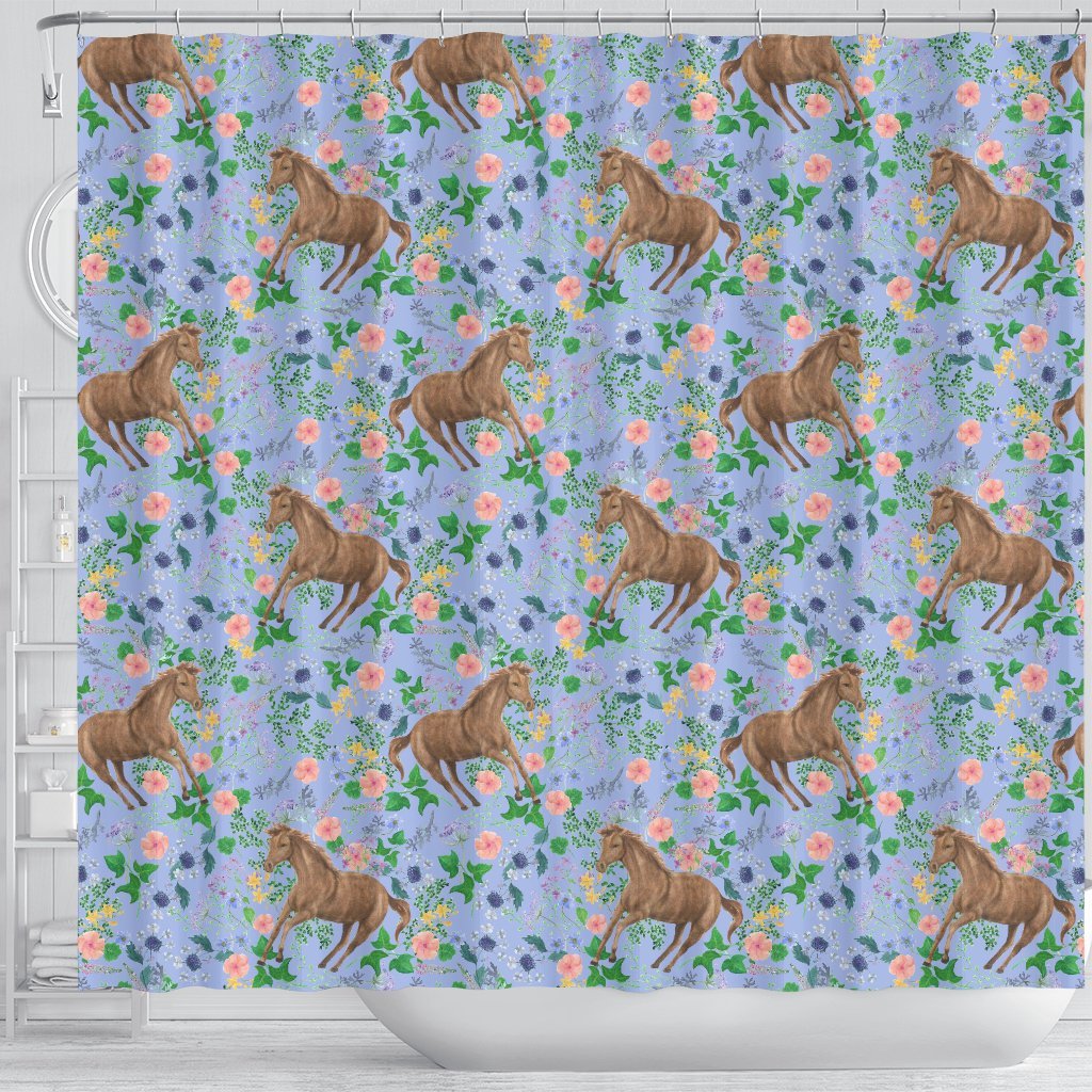 Equestrian Floral Pattern Print Bathroom Shower Curtain-grizzshop