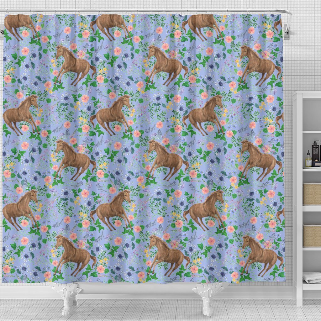 Equestrian Floral Pattern Print Bathroom Shower Curtain-grizzshop