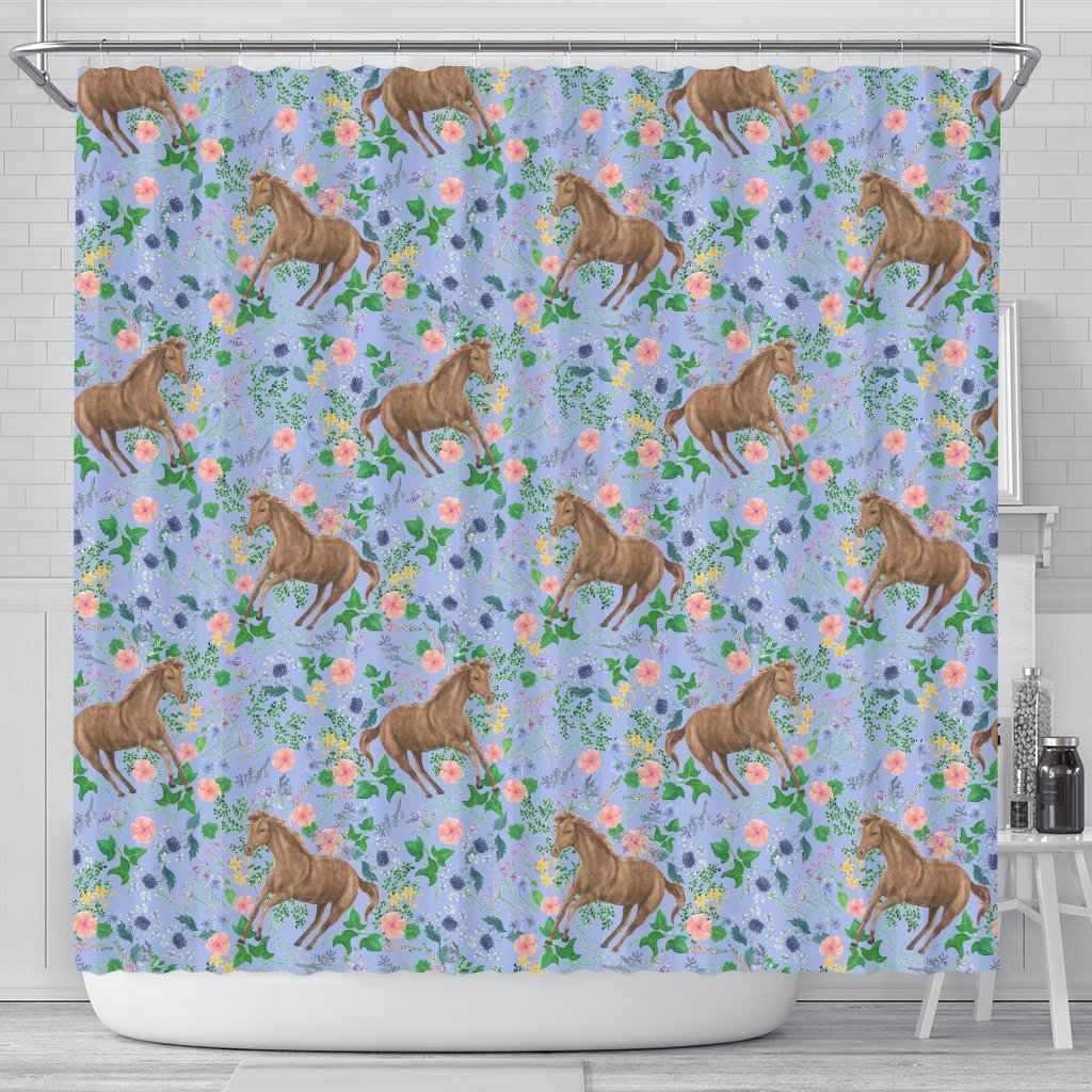 Equestrian Floral Pattern Print Bathroom Shower Curtain-grizzshop