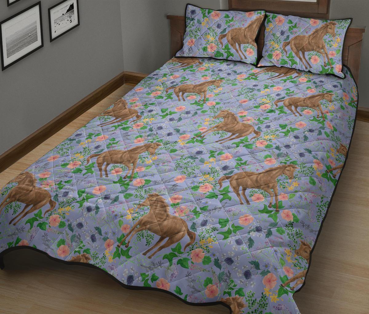 Equestrian Floral Pattern Print Bed Set Quilt-grizzshop