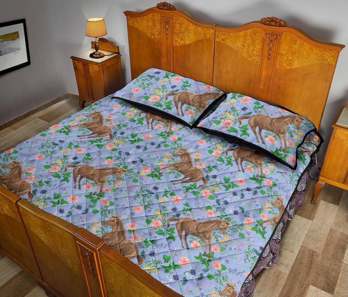 Equestrian Floral Pattern Print Bed Set Quilt-grizzshop