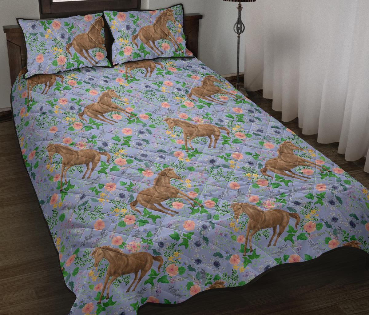 Equestrian Floral Pattern Print Bed Set Quilt-grizzshop