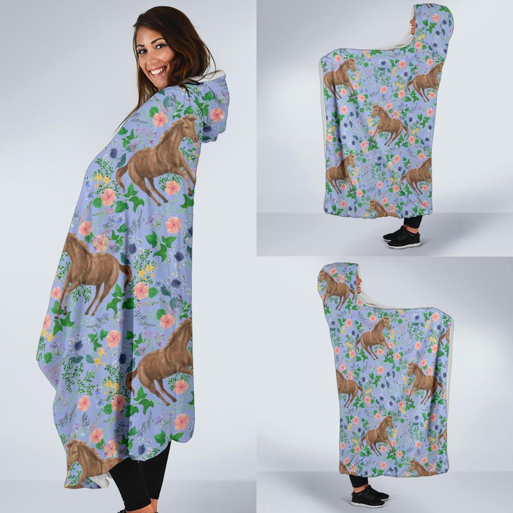Equestrian Floral Pattern Print Hooded Blanket-grizzshop