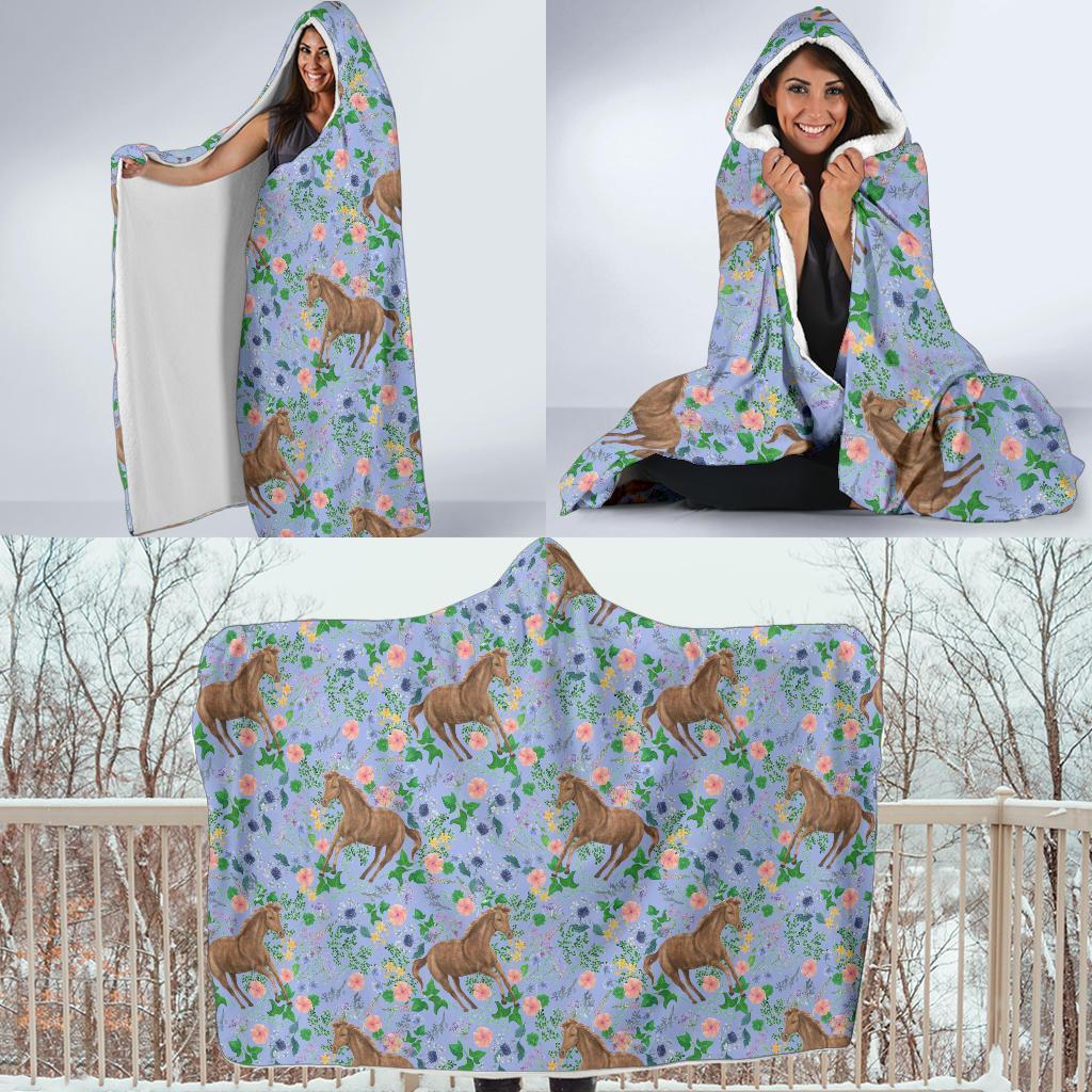 Equestrian Floral Pattern Print Hooded Blanket-grizzshop