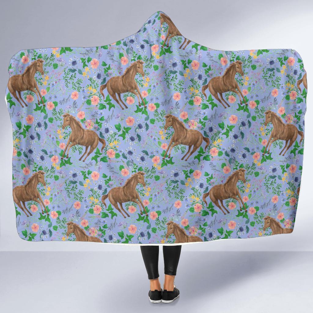Equestrian Floral Pattern Print Hooded Blanket-grizzshop
