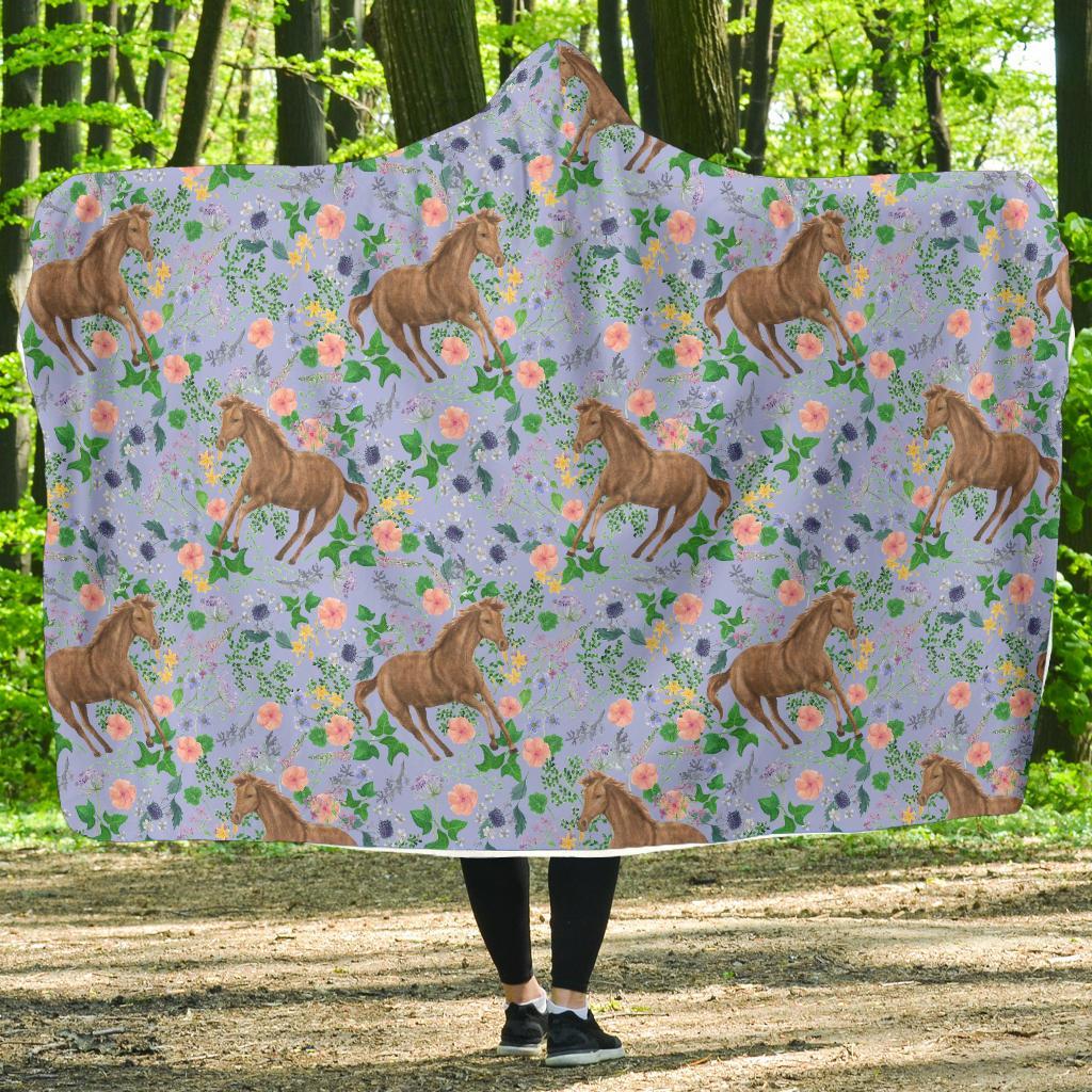 Equestrian Floral Pattern Print Hooded Blanket-grizzshop