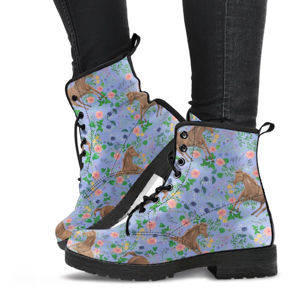 Equestrian Floral Pattern Print Men Women Leather Boots-grizzshop