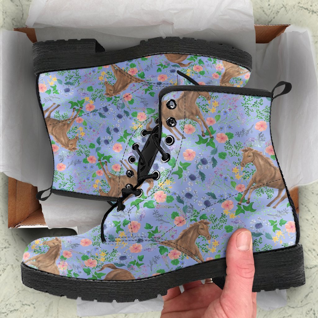 Equestrian Floral Pattern Print Men Women Leather Boots-grizzshop