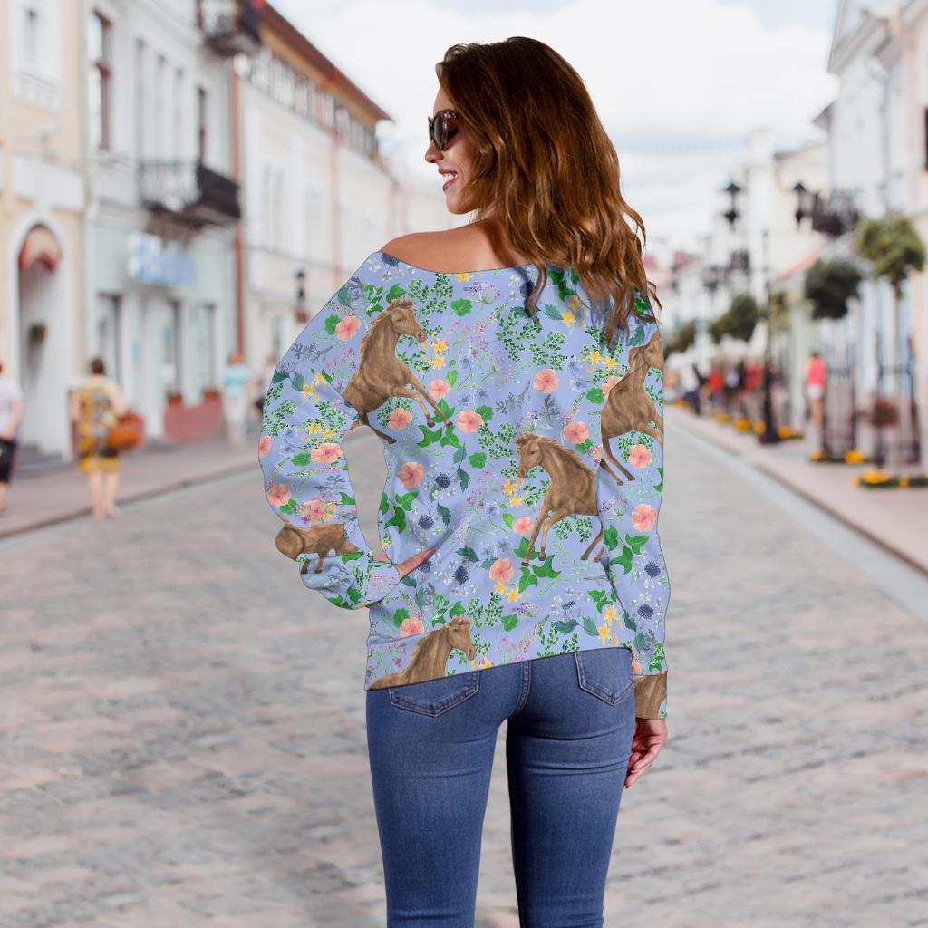 Equestrian Floral Pattern Print Women Off Shoulder Sweatshirt-grizzshop