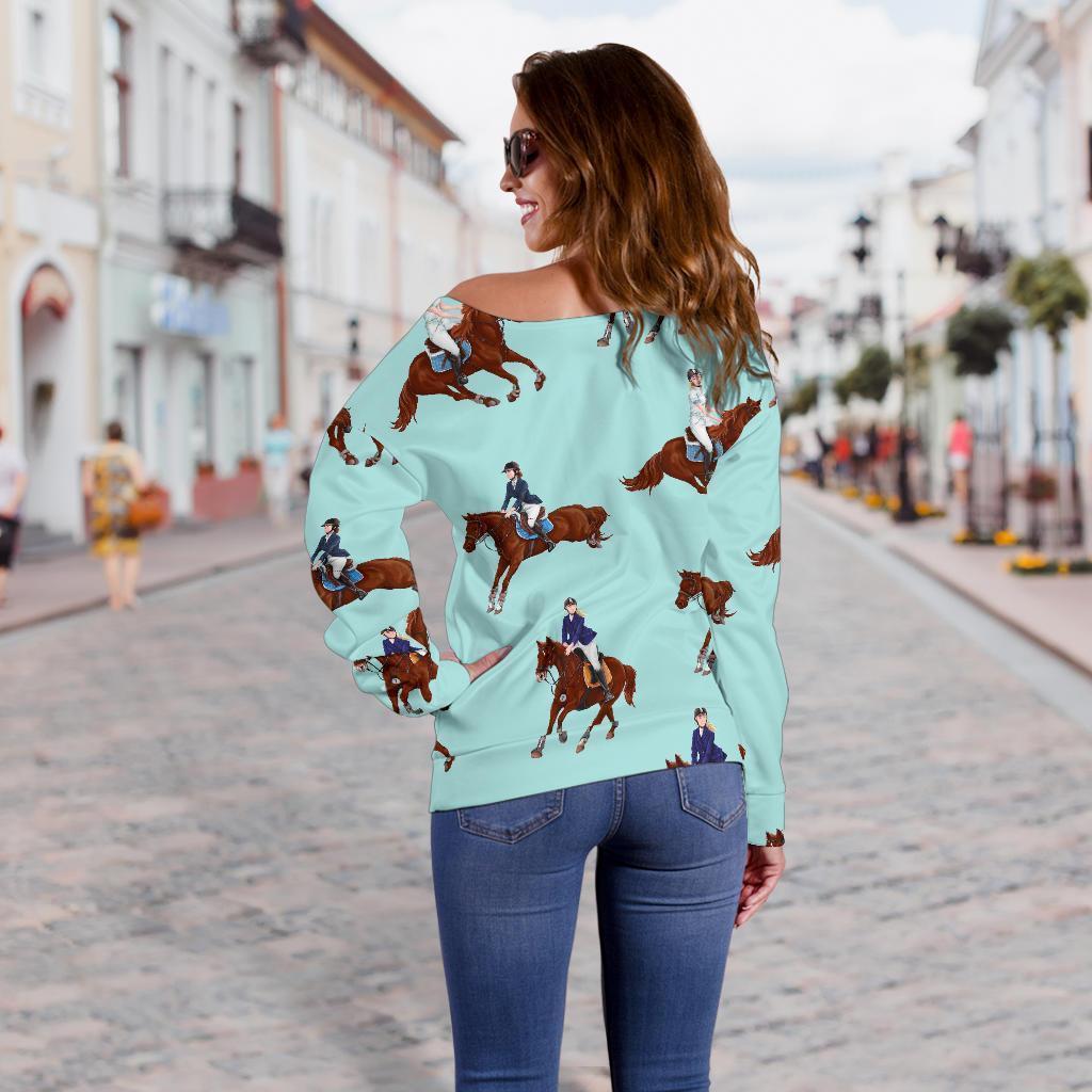 Equestrian Print Pattern Women Off Shoulder Sweatshirt-grizzshop
