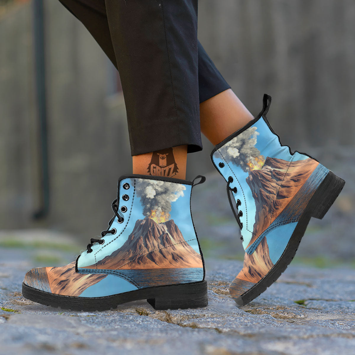 Eruption Volcano Print Leather Boots-grizzshop