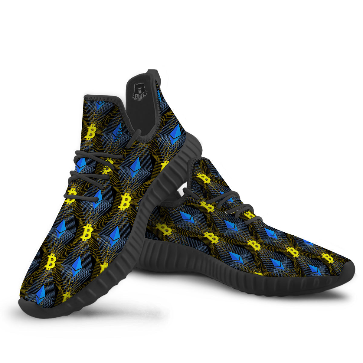 Ethereum And Bitcoin Print Pattern Black Walking Shoes-grizzshop