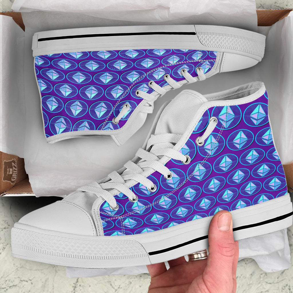 Ethereum Cryptocurrency Print Pattern White High Top Shoes-grizzshop
