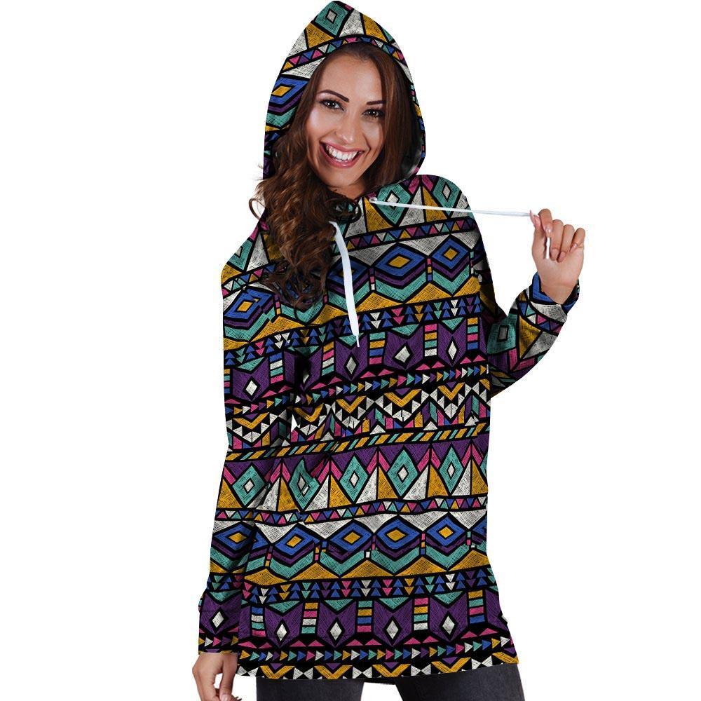 Ethic Aztec Geometric Art Print Hoodie Dress-grizzshop