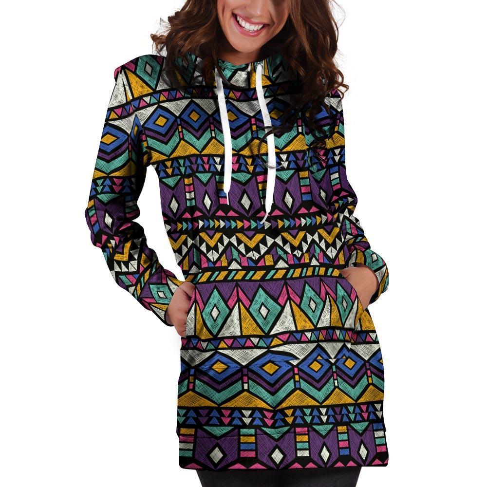 Ethic Aztec Geometric Art Print Hoodie Dress-grizzshop