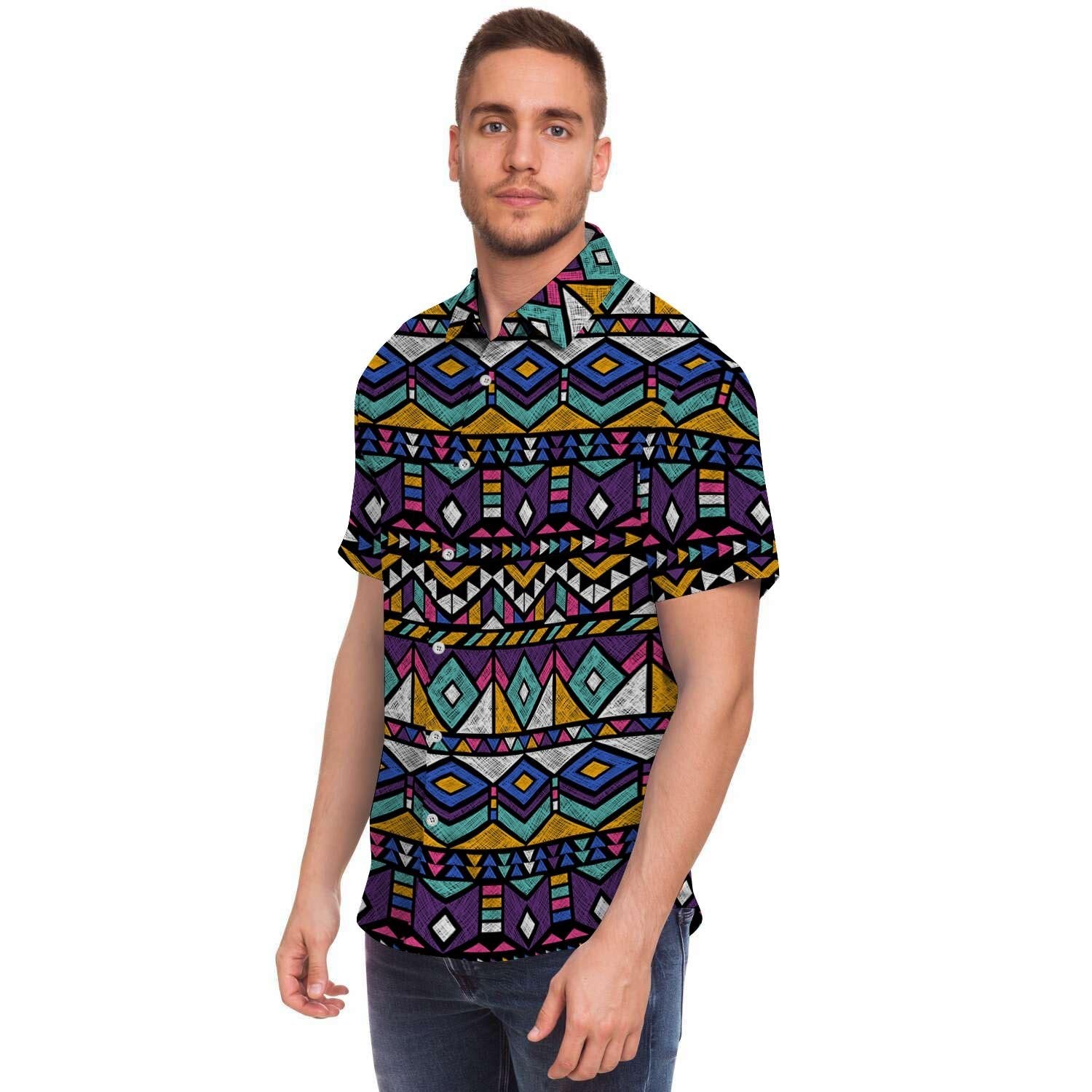 Ethic Aztec Geometric Art Print Men's Short Sleeve Shirt-grizzshop