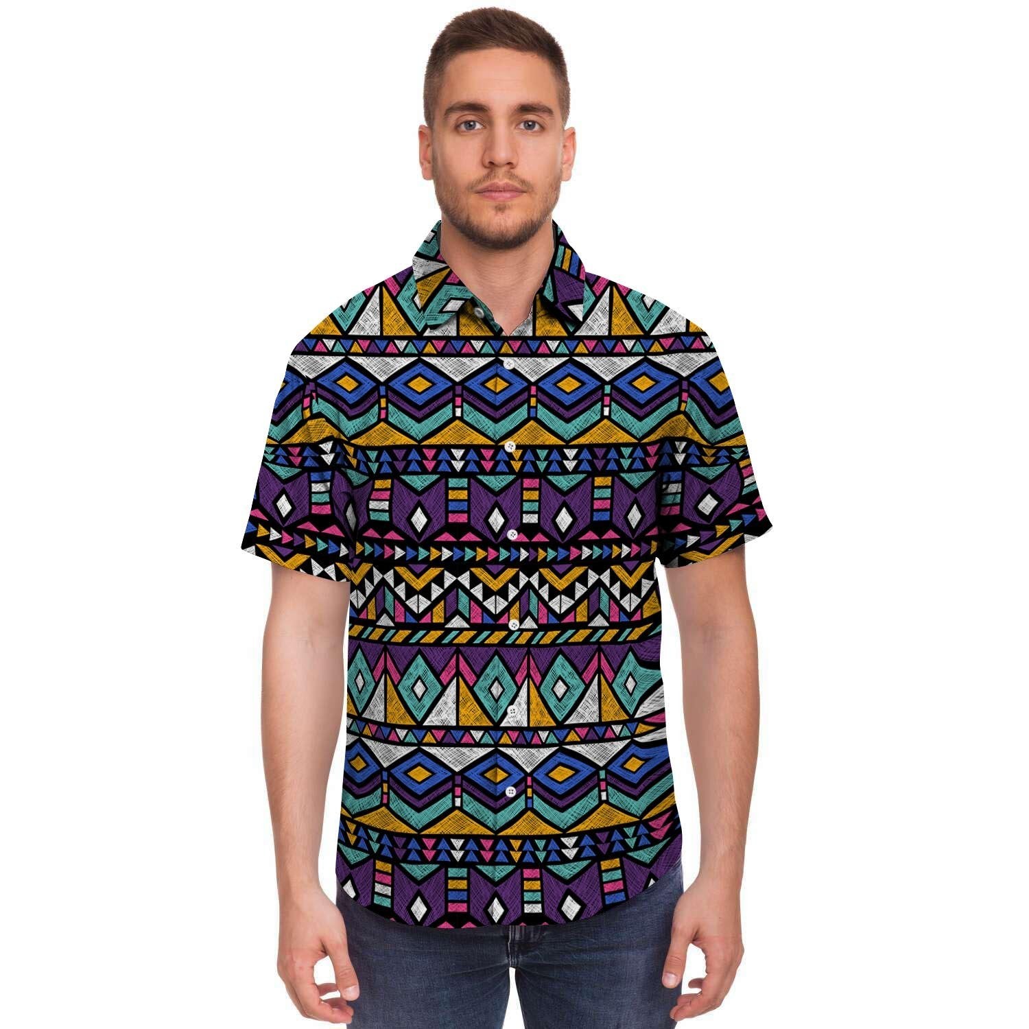 Ethic Aztec Geometric Art Print Men's Short Sleeve Shirt-grizzshop