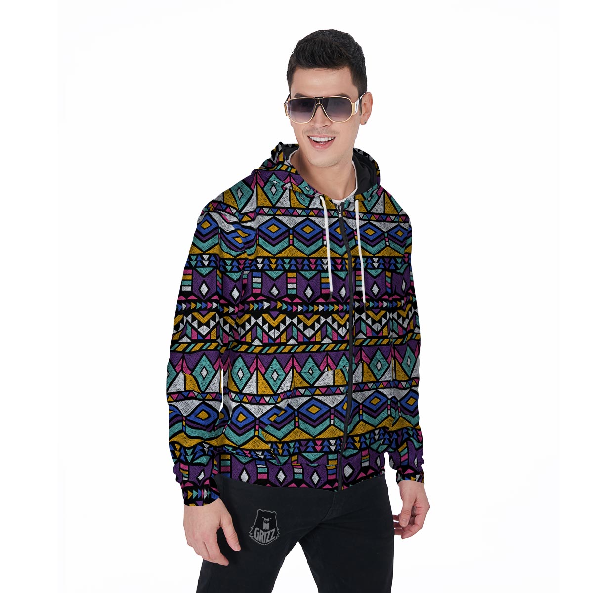 Ethic Aztec Geometric Art Print Men's Zip Up Hoodie-grizzshop