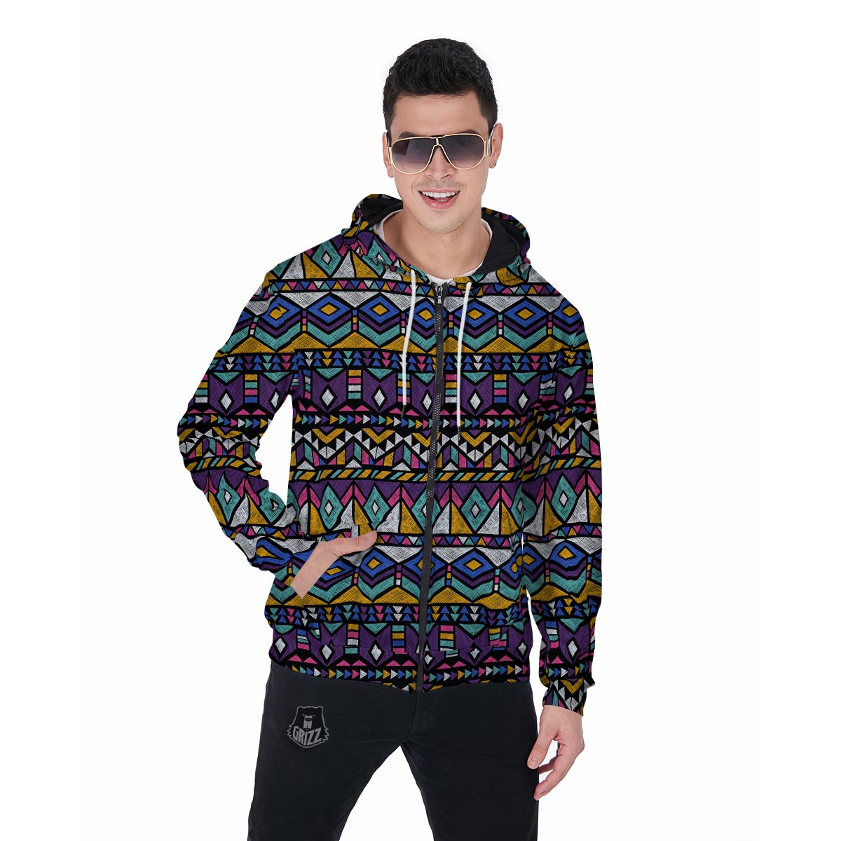 Ethic Aztec Geometric Art Print Men's Zip Up Hoodie-grizzshop