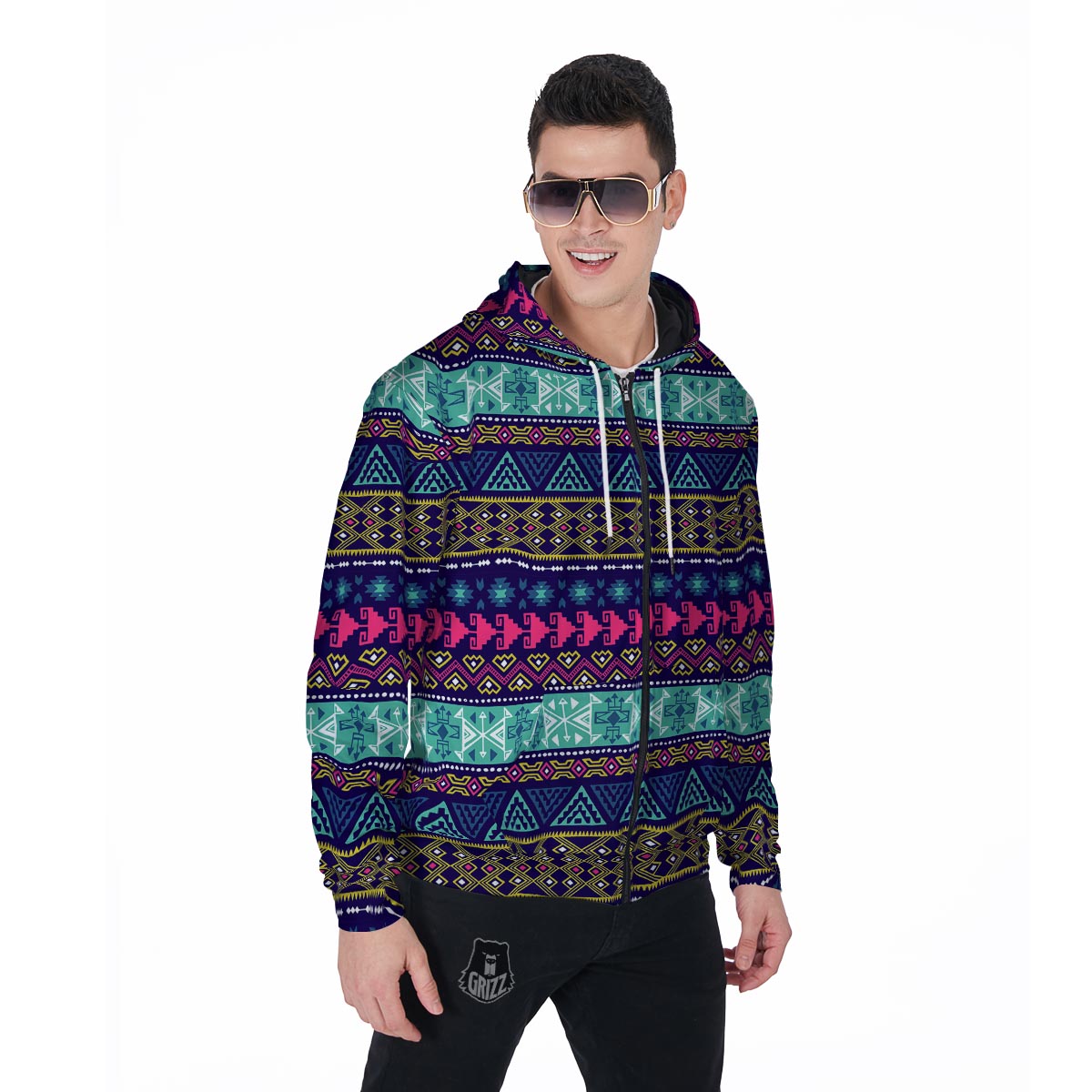 Ethic Aztec Print Men's Zip Up Hoodie-grizzshop