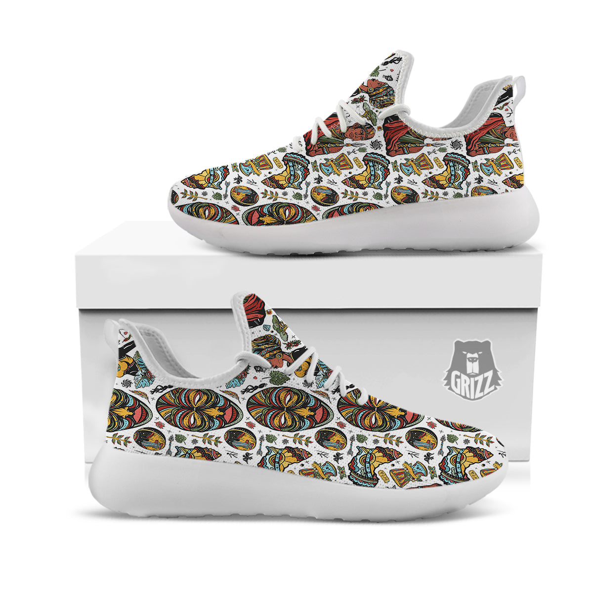 Ethnic Afro African Print Pattern White Athletic Shoes-grizzshop