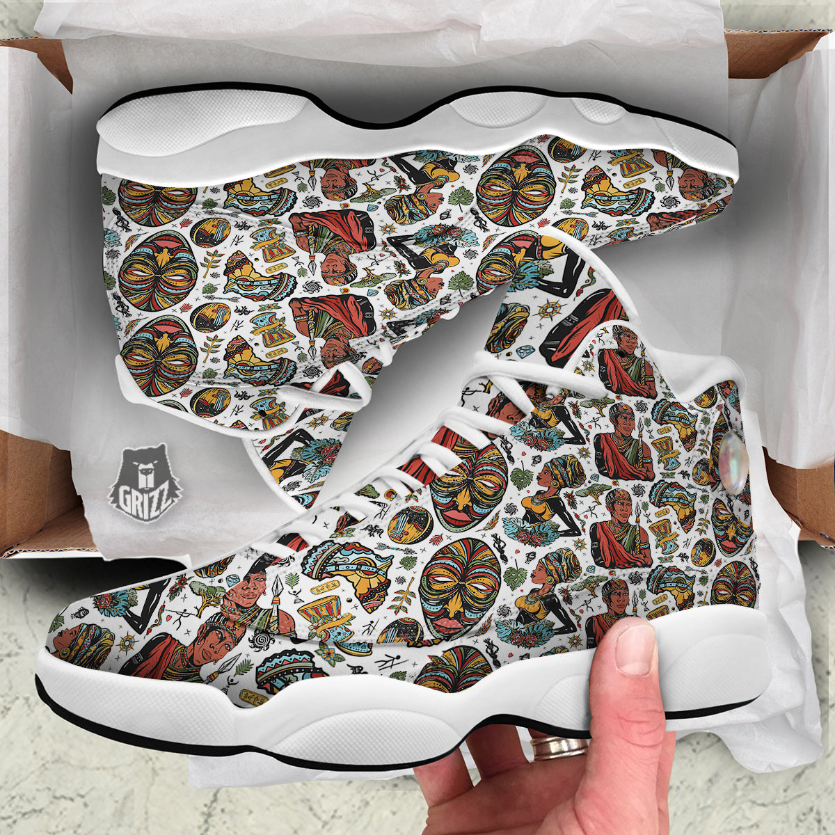 Ethnic Afro African Print Pattern White Basketball Shoes-grizzshop