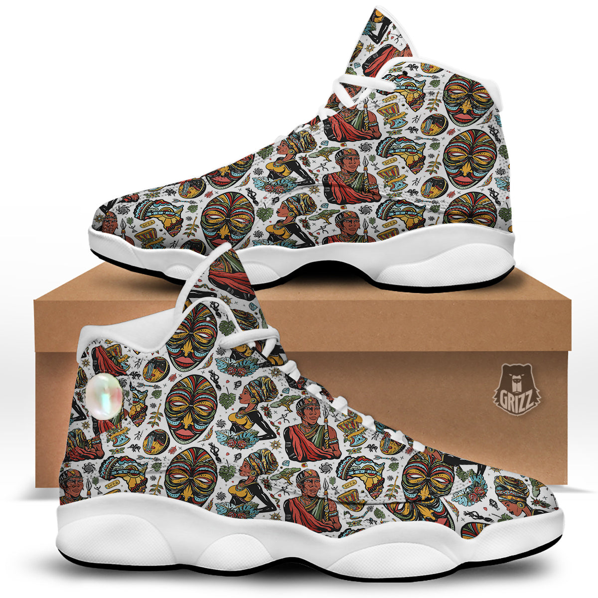 Ethnic Afro African Print Pattern White Basketball Shoes-grizzshop